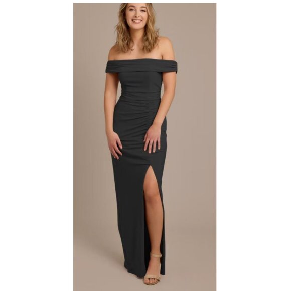 David’s Bridal Celebrate DB STUDIO Off-the-Shoulder Jersey Sheath Dress - Picture 1 of 12